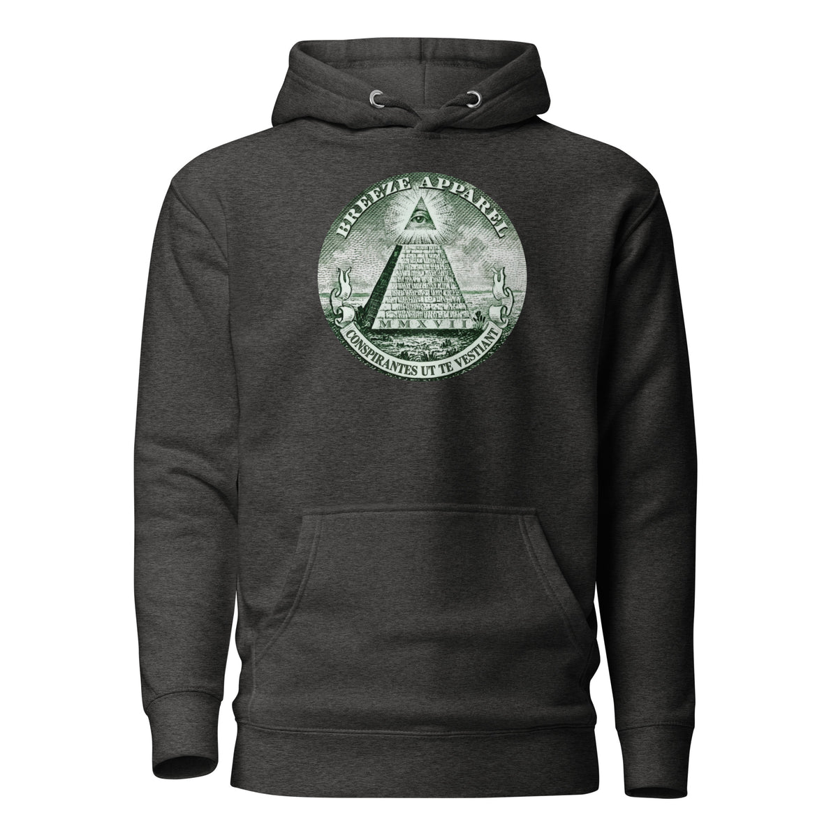 Gray hoodie with graphic resembling pyramid on US one-dollar bill.