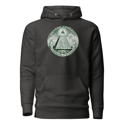 Gray hoodie with graphic resembling pyramid on US one-dollar bill.