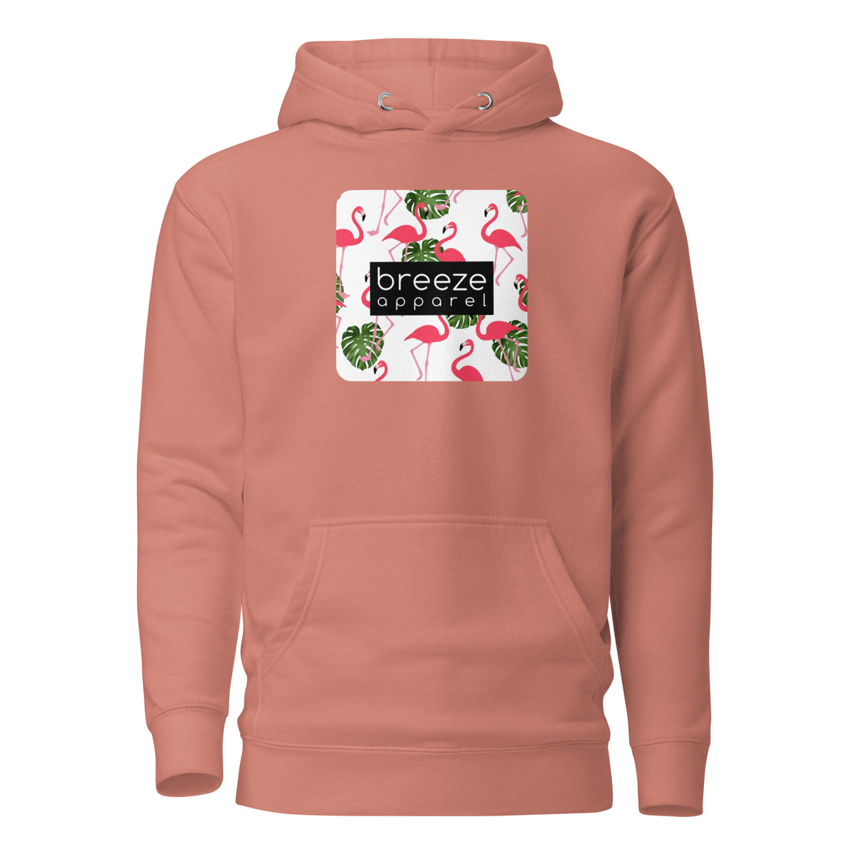Pink hoodie with graphic of flamingos and green palm leaves set on a white background and overlaid with a black, rectangular logo.