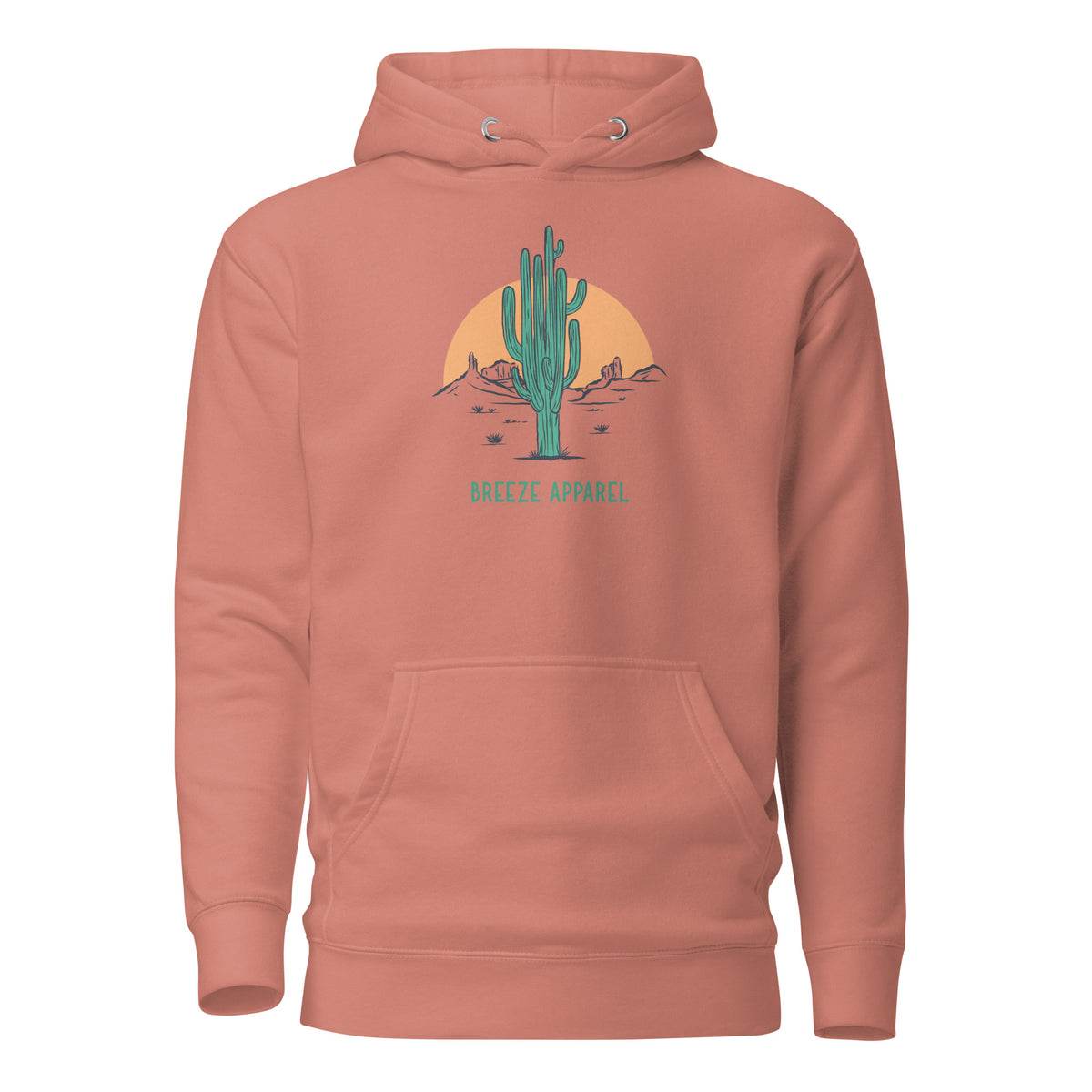 Pink hoodie with graphic of cactus and sunset.