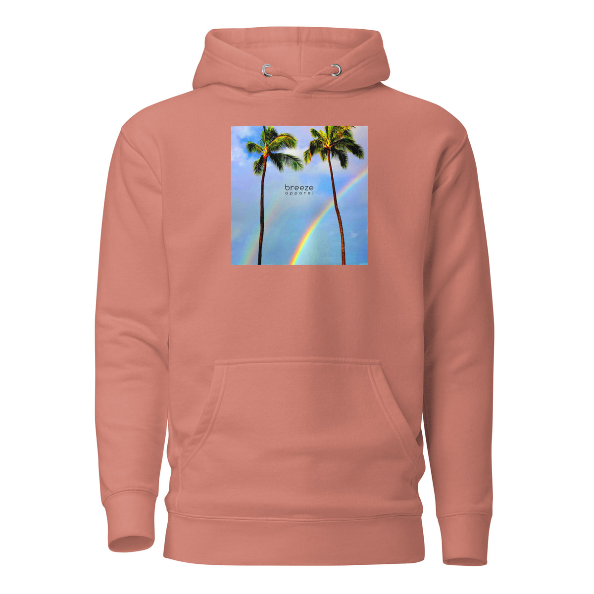 Pink hoodie with graphic of palm trees with rainbows in the background.