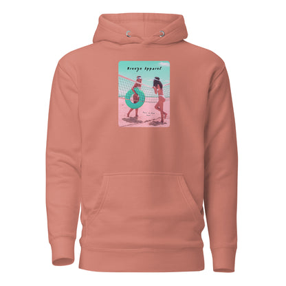 Pink hoodie with graphic of two women in bikinis on beach.