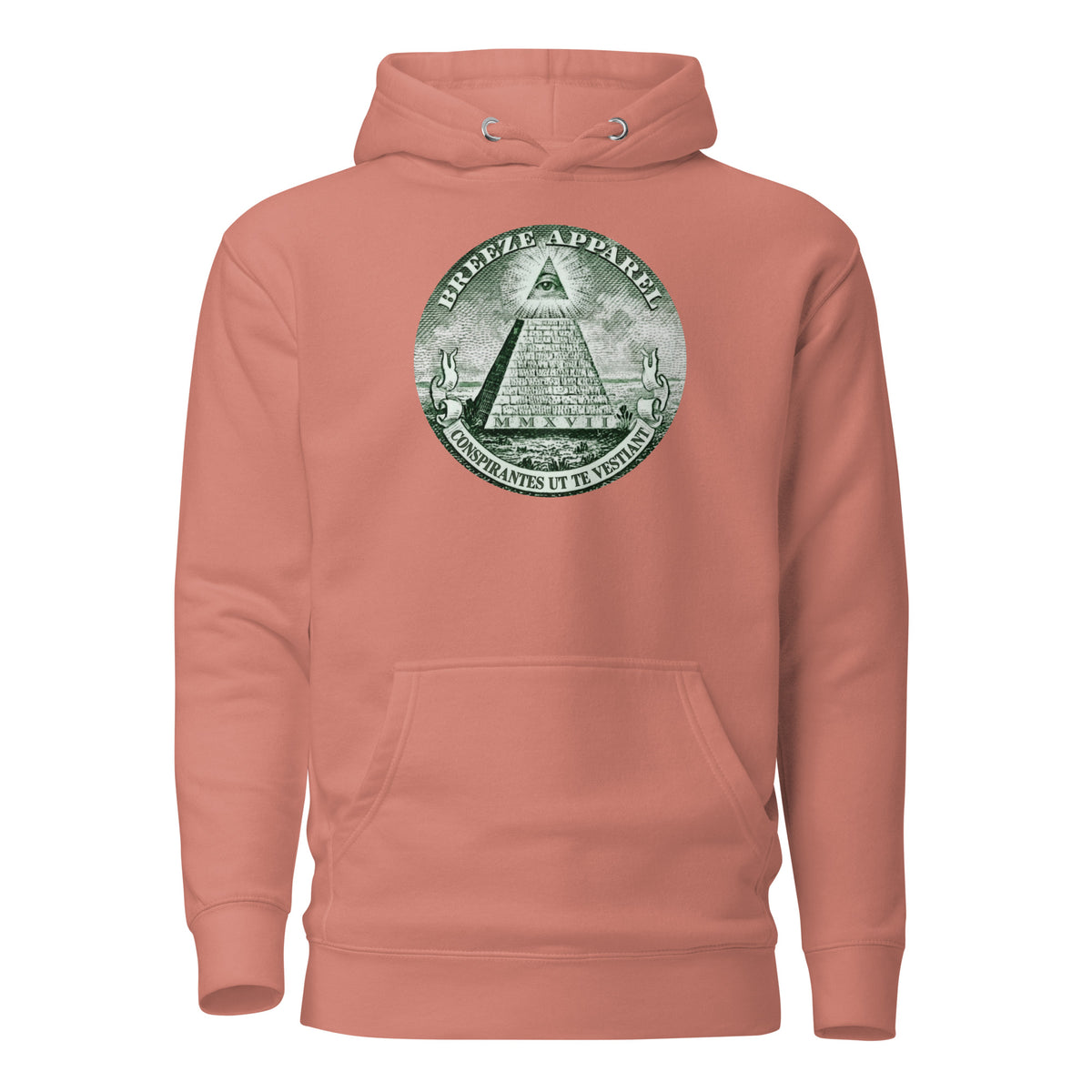 Pink hoodie with graphic resembling pyramid on US one-dollar bill.