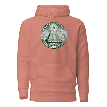 Pink hoodie with graphic resembling pyramid on US one-dollar bill.