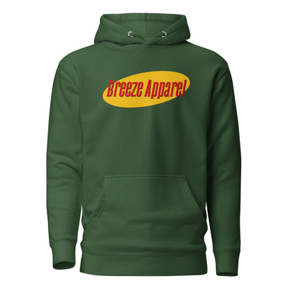 Green hoodie with graphic of red lettering set over a yellow oval.