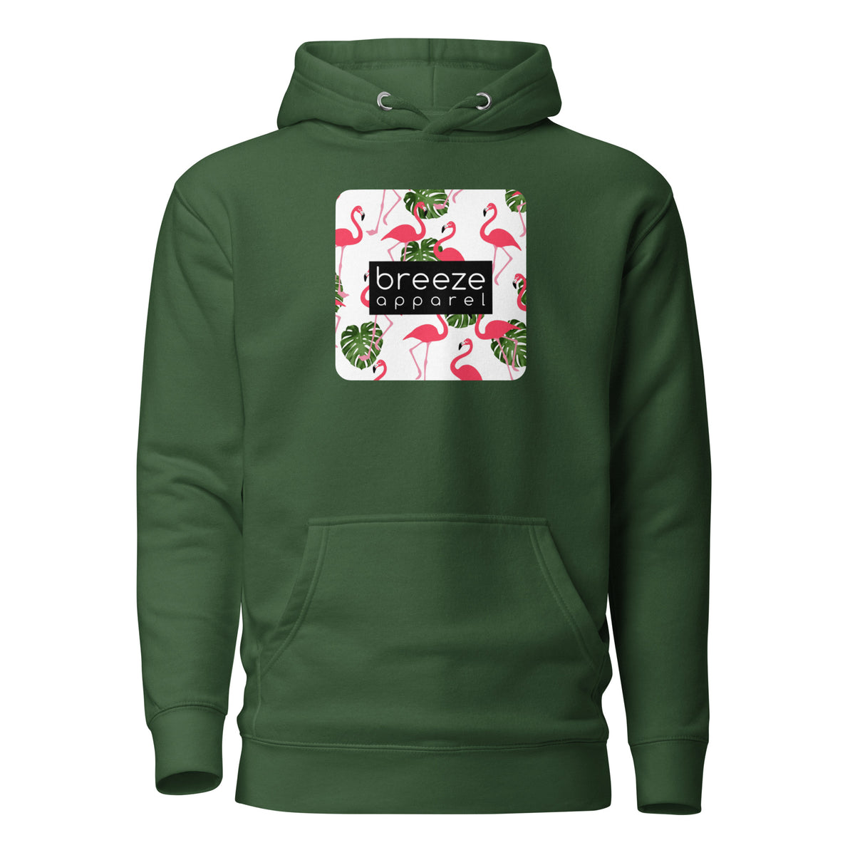 Green hoodie with graphic of flamingos and green palm leaves set on a white background and overlaid with a black, rectangular logo.