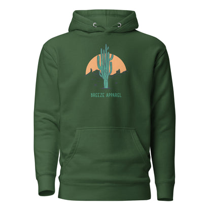 Green hoodie with graphic of cactus and sunset.