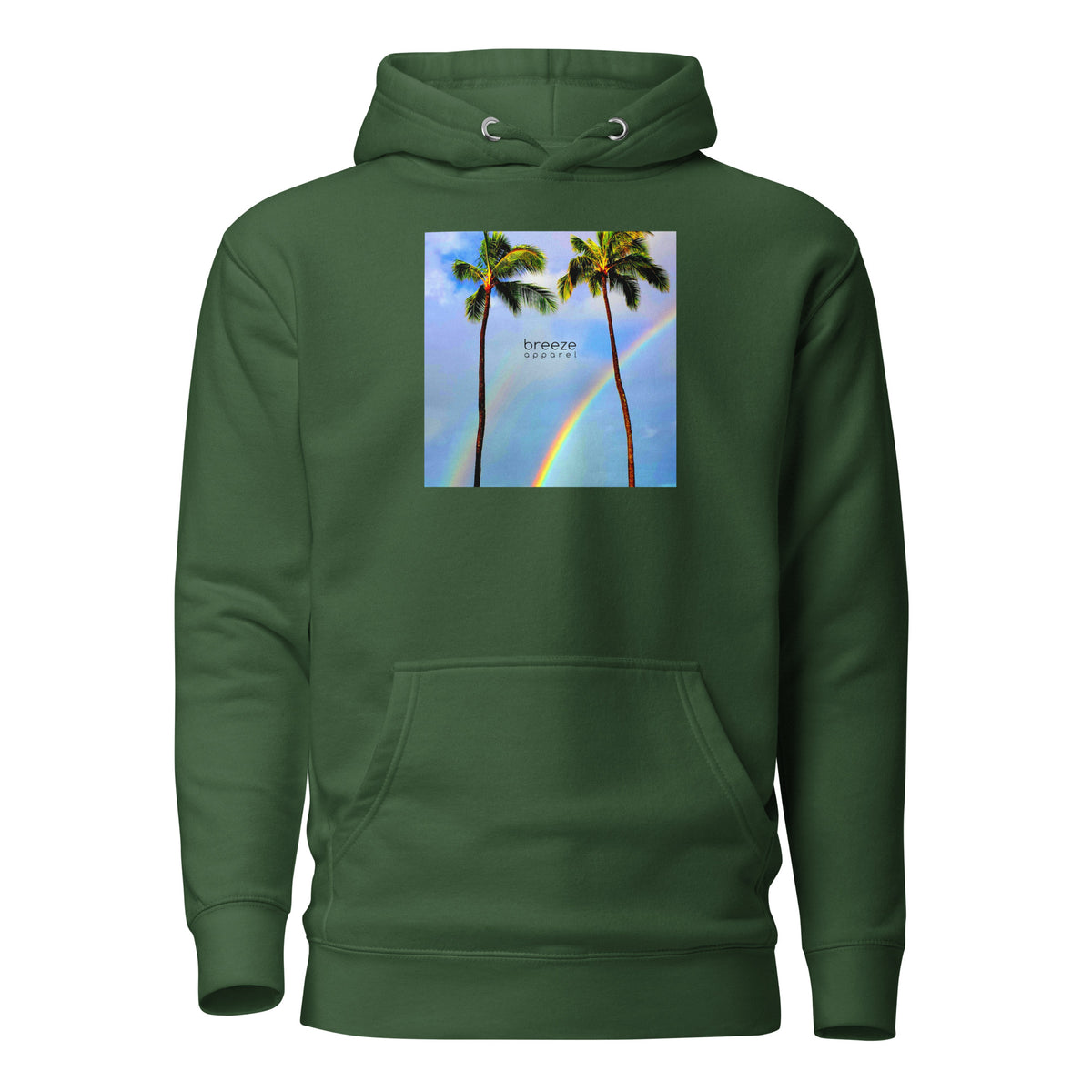 Green hoodie with graphic of palm trees with rainbows in the background.