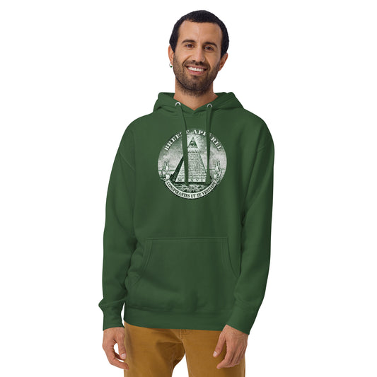 Man wearing green hoodie with graphic resembling pyramid on US one-dollar bill.