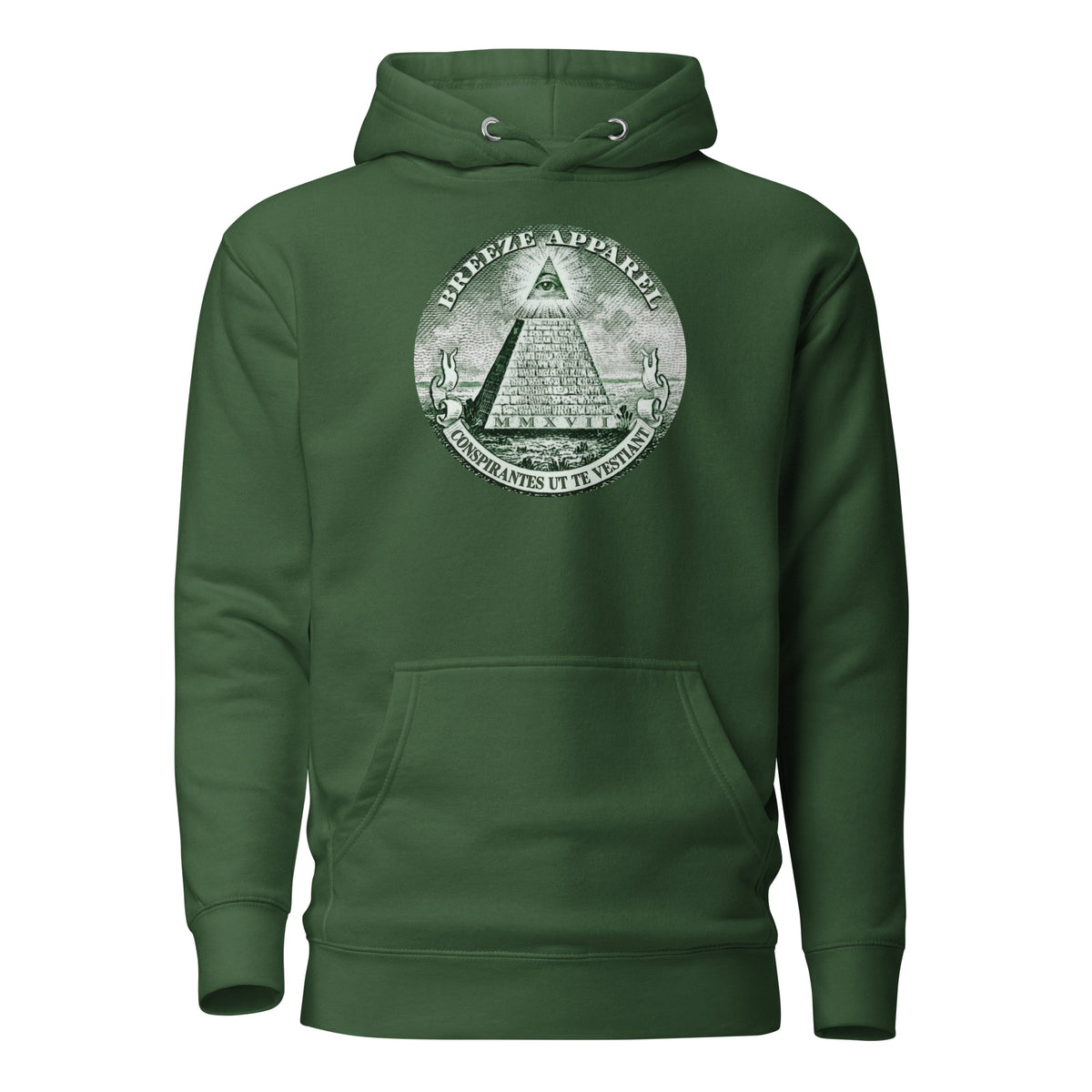 Green hoodie with graphic resembling pyramid on US one-dollar bill.