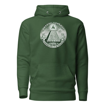 Green hoodie with graphic resembling pyramid on US one-dollar bill.