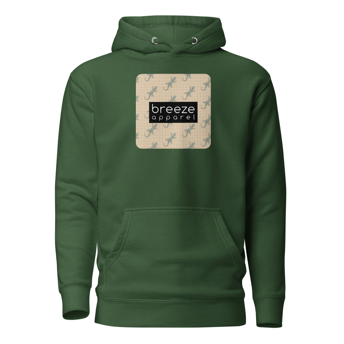 Green hoodie with square over chest that contains pattern of green geckos set on beige background, overlaid with black, rectangular logo with white lettering.