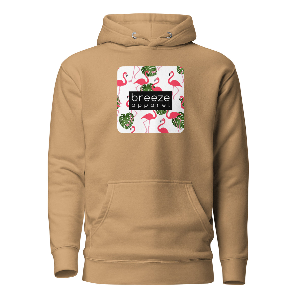 Brown hoodie with graphic of flamingos and green palm leaves set on a white background and overlaid with a black, rectangular logo.