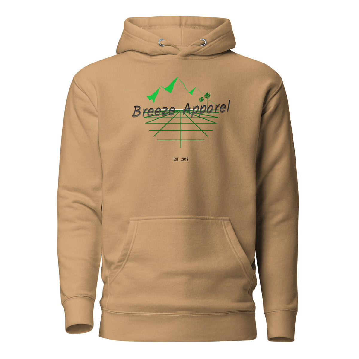 Brown hoodie with graphic consisting of mountains, palm trees, and black lettering.