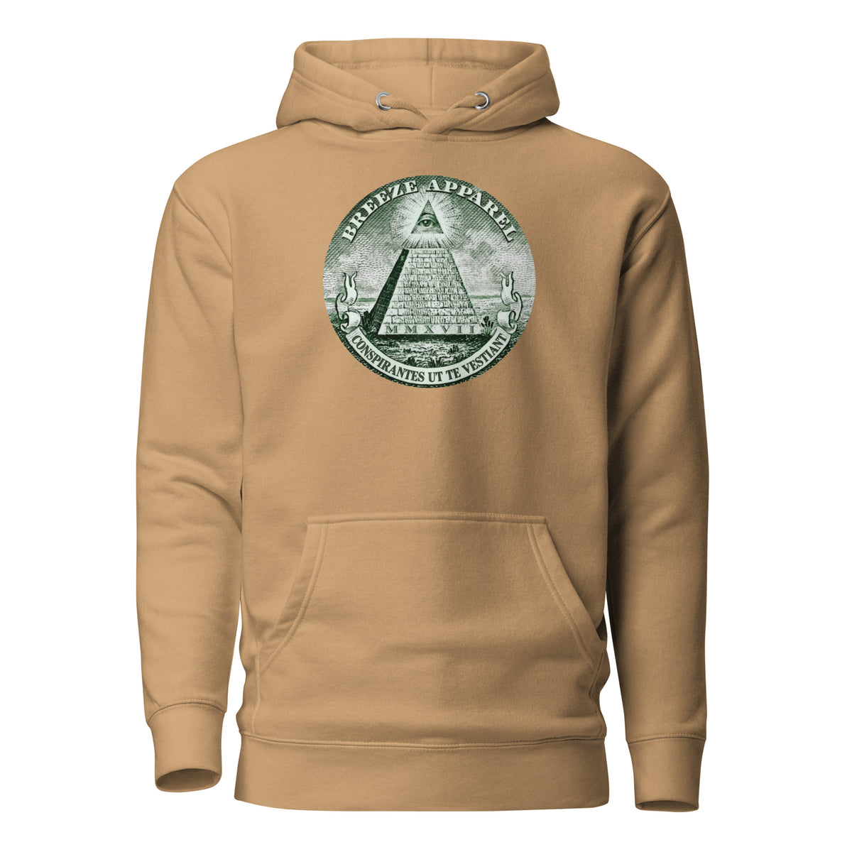 Brown hoodie with graphic resembling pyramid on US one-dollar bill.
