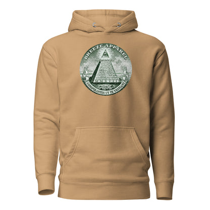 Brown hoodie with graphic resembling pyramid on US one-dollar bill.