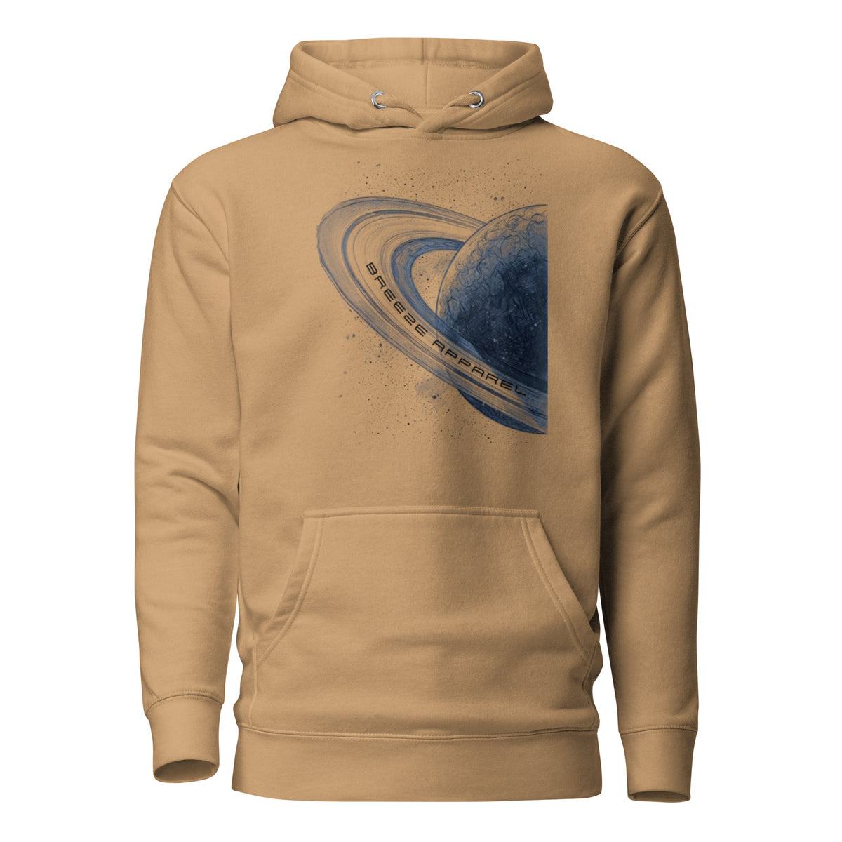 Brown hoodie with graphic of blue planet.