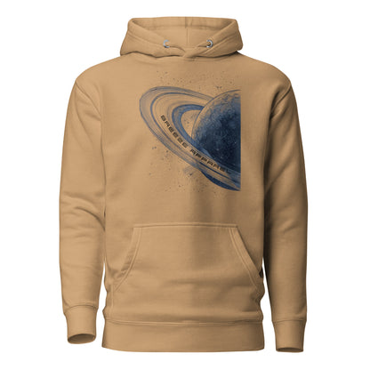 Brown hoodie with graphic of blue planet.