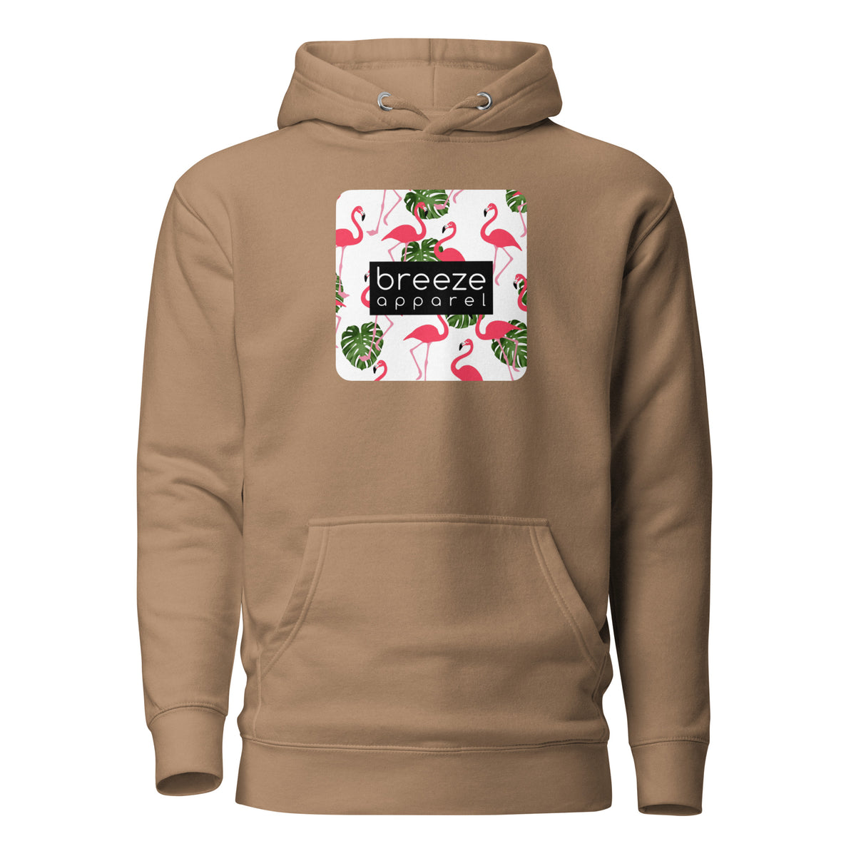 Brown hoodie with graphic of flamingos and green palm leaves set on a white background and overlaid with a black, rectangular logo.
