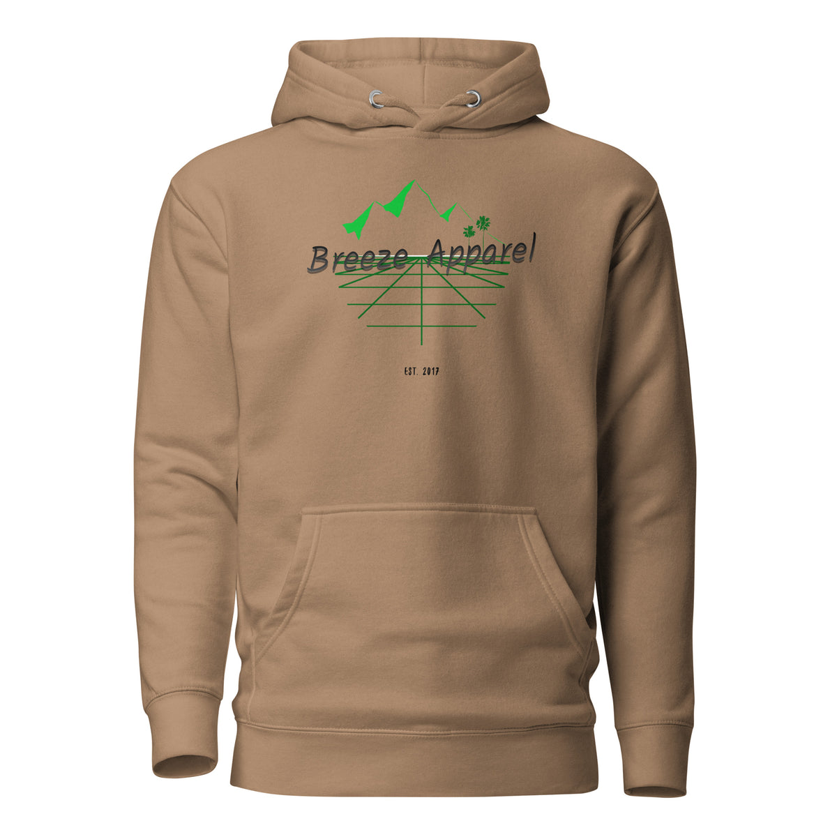 Brown hoodie with graphic consisting of mountains, palm trees, and black lettering.