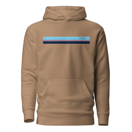 Brown hoodie with light-blue, red, white, and navy stripe across chest.