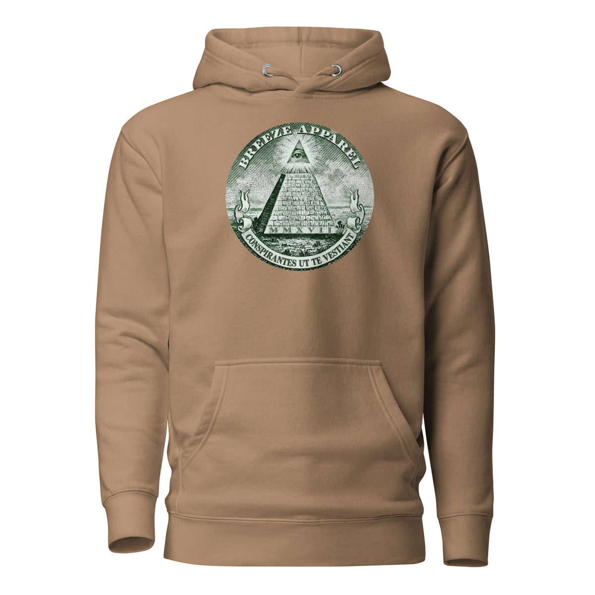 Brown hoodie with graphic resembling pyramid on US one-dollar bill.