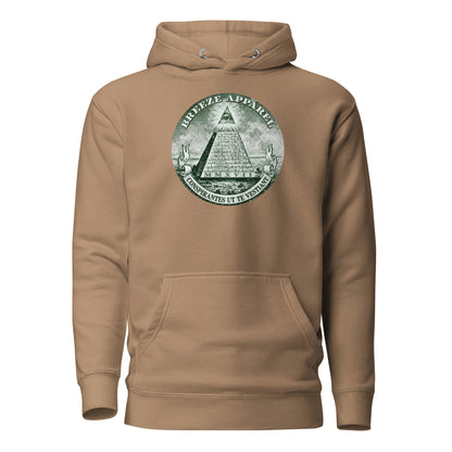 Brown hoodie with graphic resembling pyramid on US one-dollar bill.