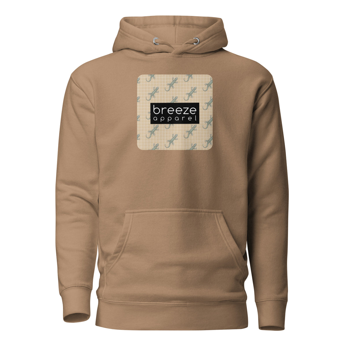 Brown hoodie with square over chest that contains pattern of green geckos set on beige background, overlaid with black, rectangular logo with white lettering.