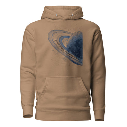 Brown hoodie with graphic of blue planet.