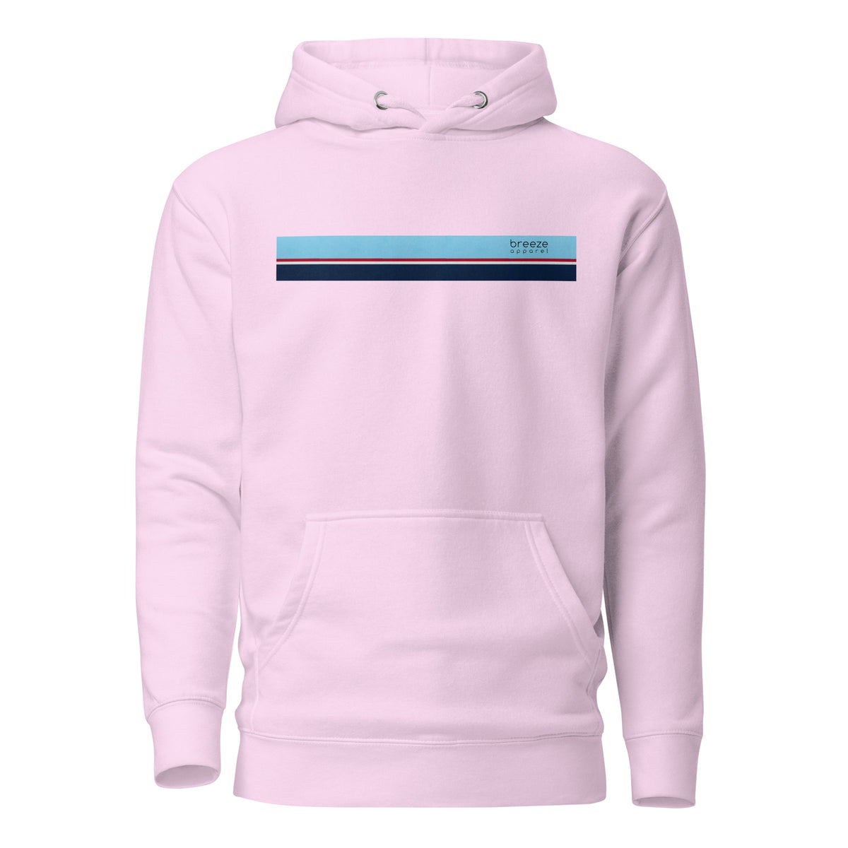 Lavender hoodie with light-blue, red, white, and navy stripe across chest.