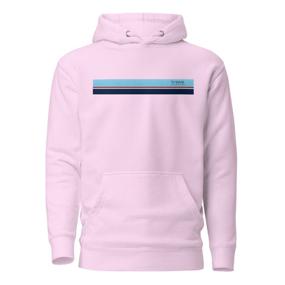 Lavender hoodie with light-blue, red, white, and navy stripe across chest.