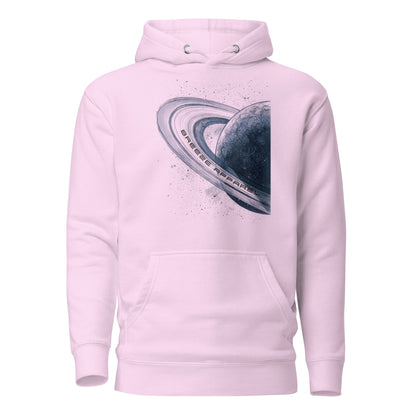 Lavender hoodie with graphic of blue planet.