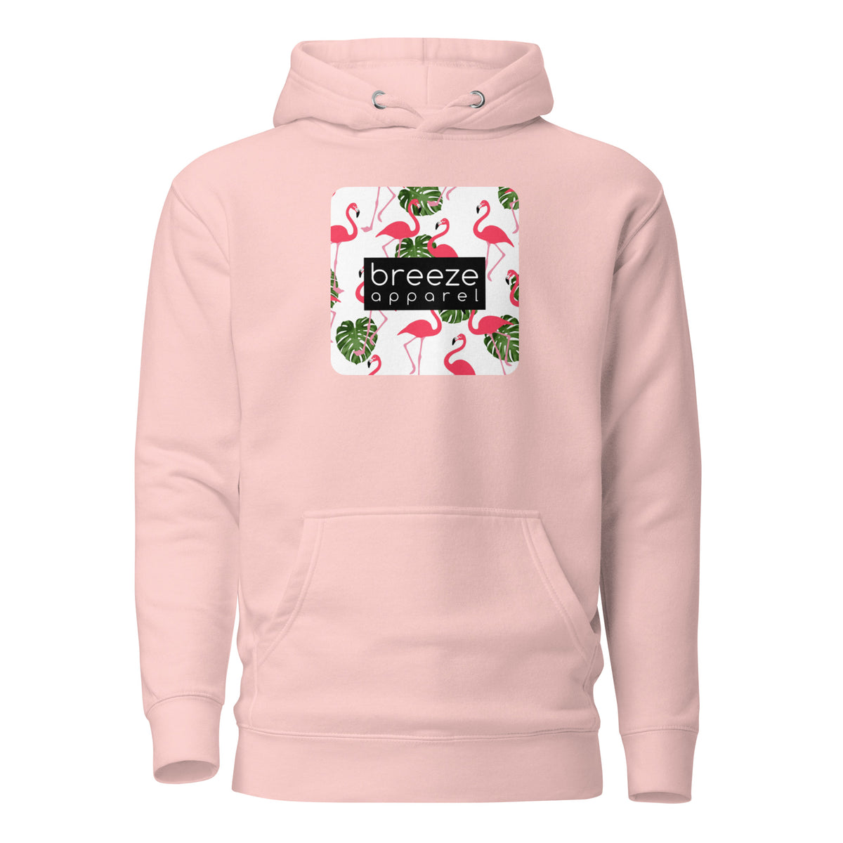 Pink hoodie with graphic of flamingos and green palm leaves set on a white background and overlaid with a black, rectangular logo.