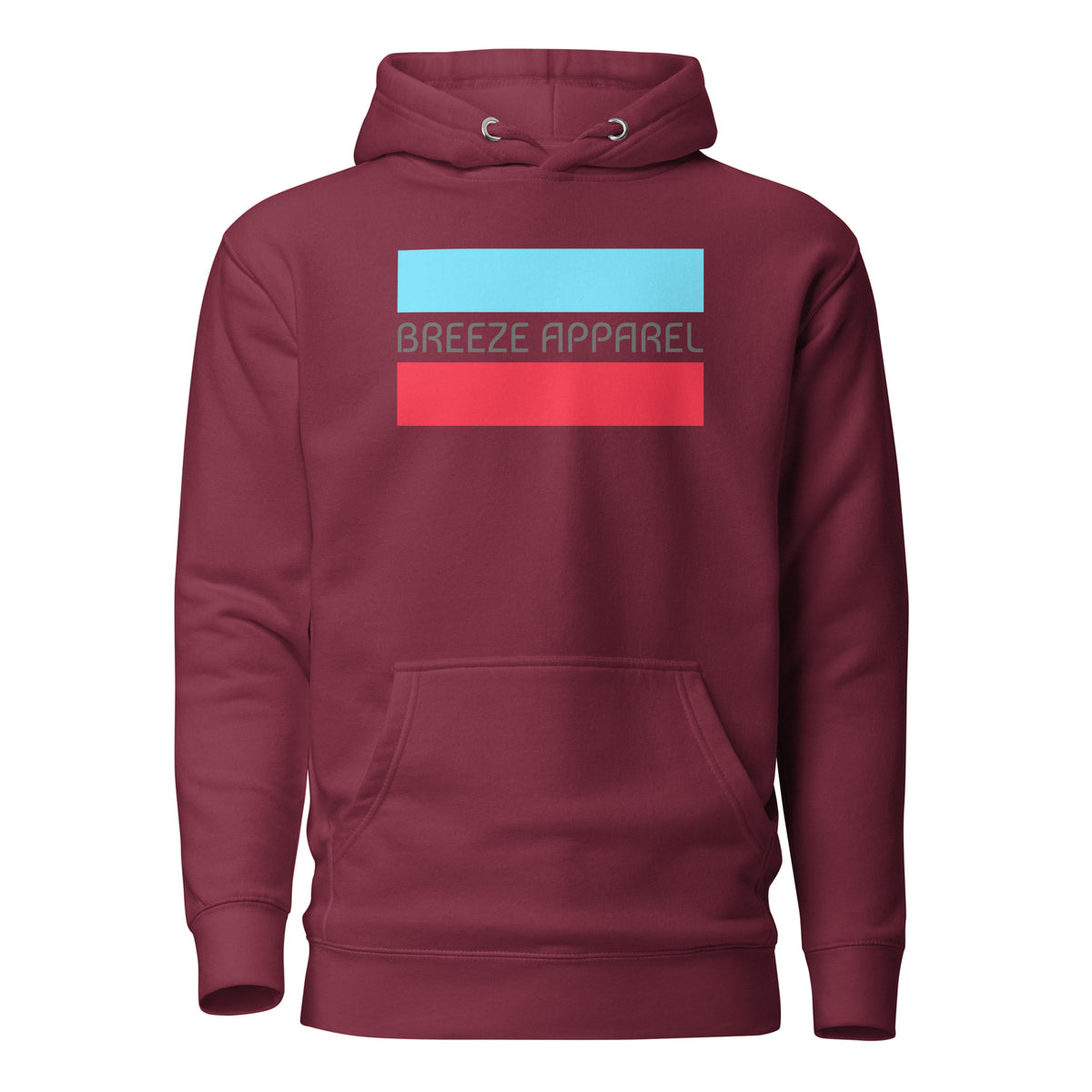 Maroon hoodie with graphic of gray lettering between horizontal light-blue and red lines.