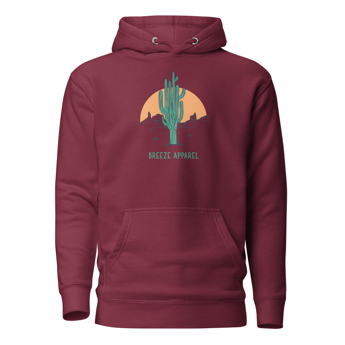 Maroon hoodie with graphic of cactus and sunset.