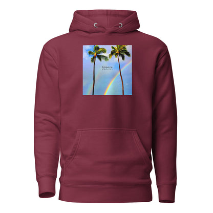 Maroon hoodie with graphic of palm trees with rainbows in the background.