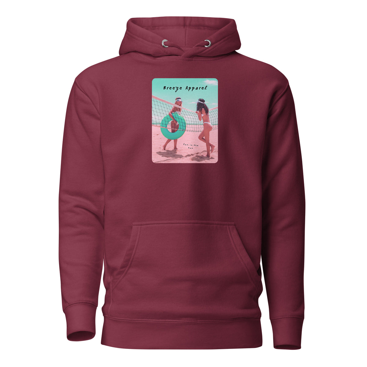 Maroon hoodie with graphic of two women in bikinis on beach.