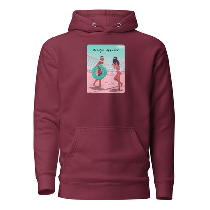 Maroon hoodie with graphic of two women in bikinis on beach.