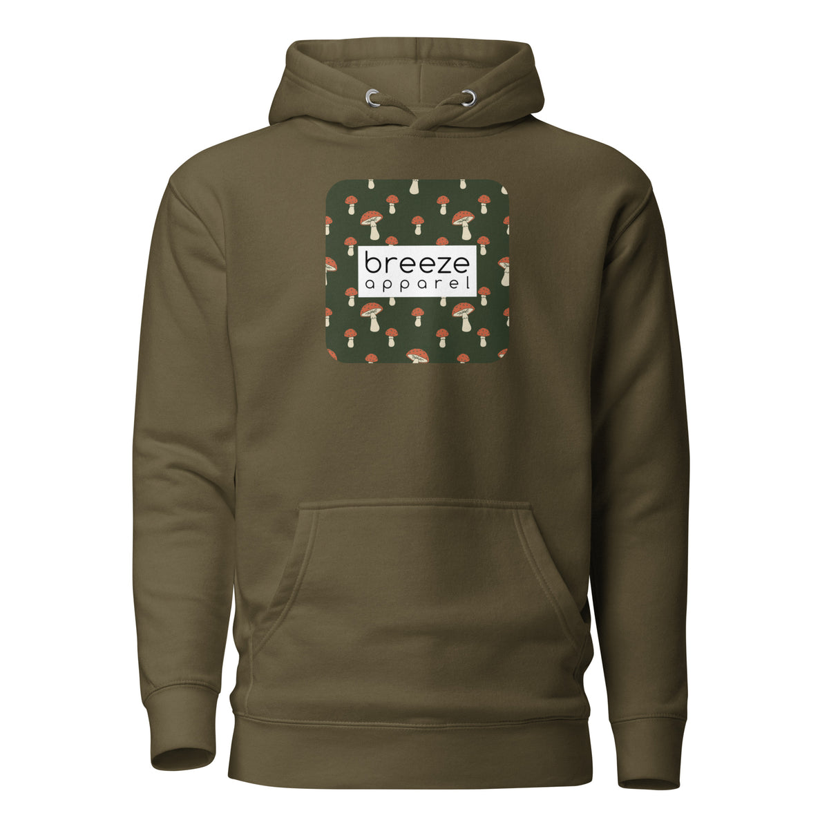 Green hoodie with graphic of mushrooms set on a green background and overlaid with a white, rectangular logo.