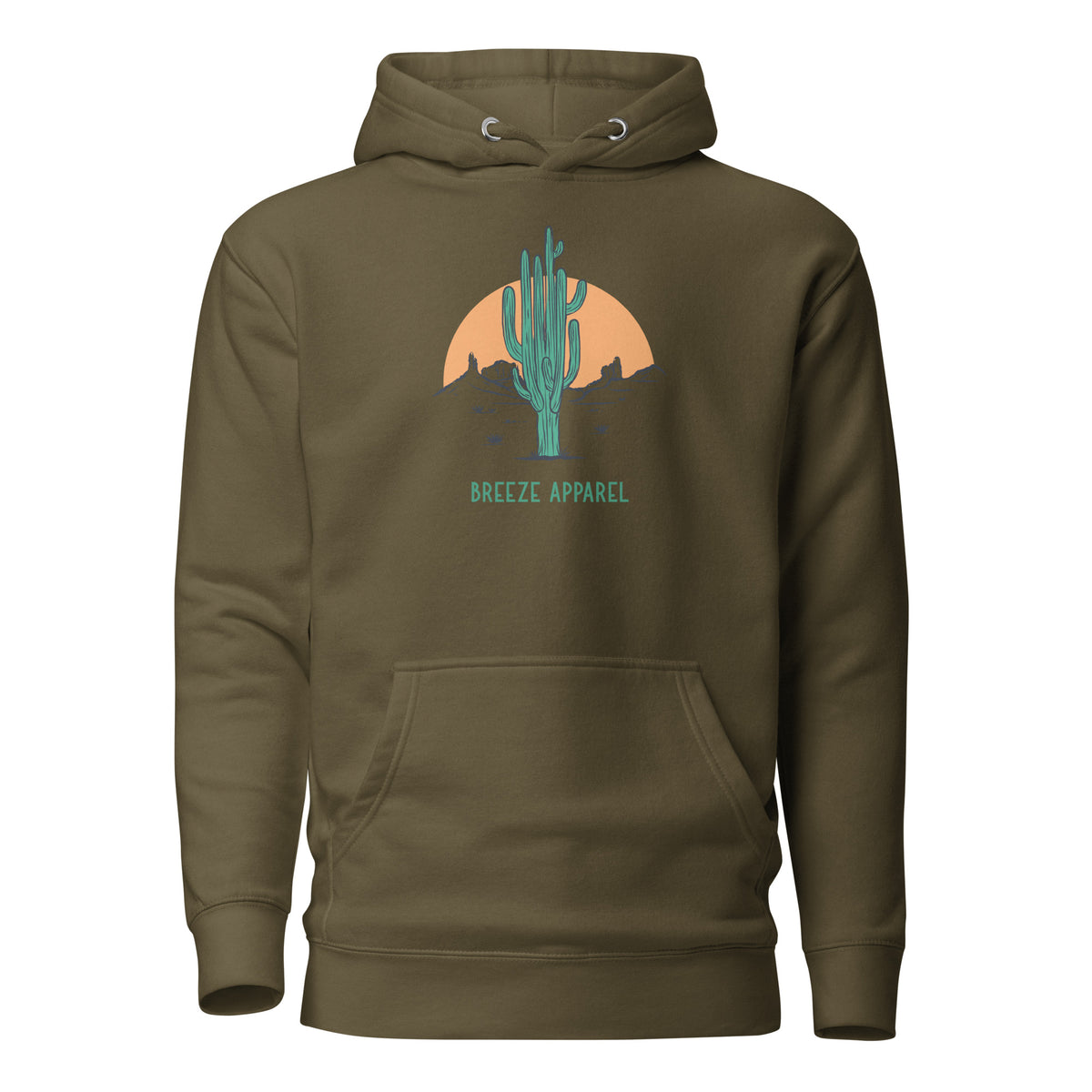 Green hoodie with graphic of cactus and sunset.