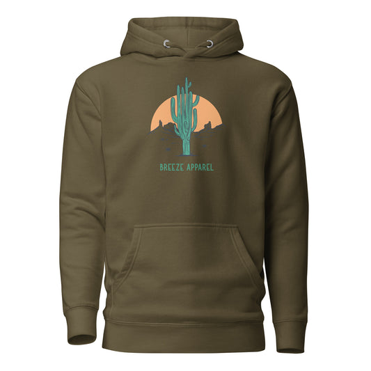Green hoodie with graphic of cactus and sunset.