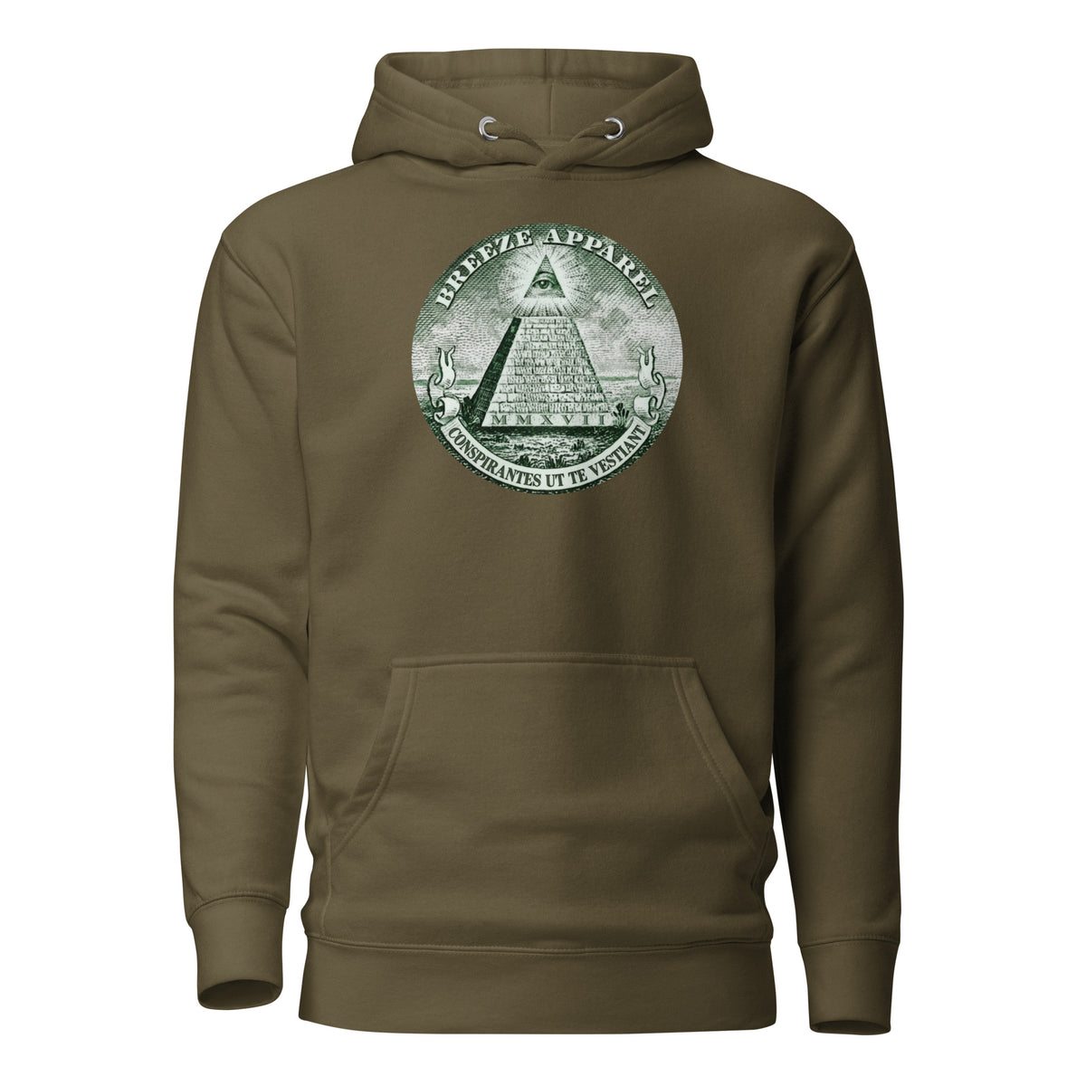 Green hoodie with graphic resembling pyramid on US one-dollar bill.