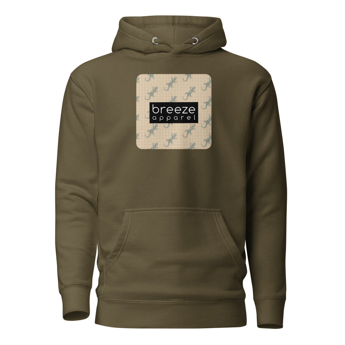 Green hoodie with square over chest that contains pattern of green geckos set on beige background, overlaid with black, rectangular logo with white lettering.