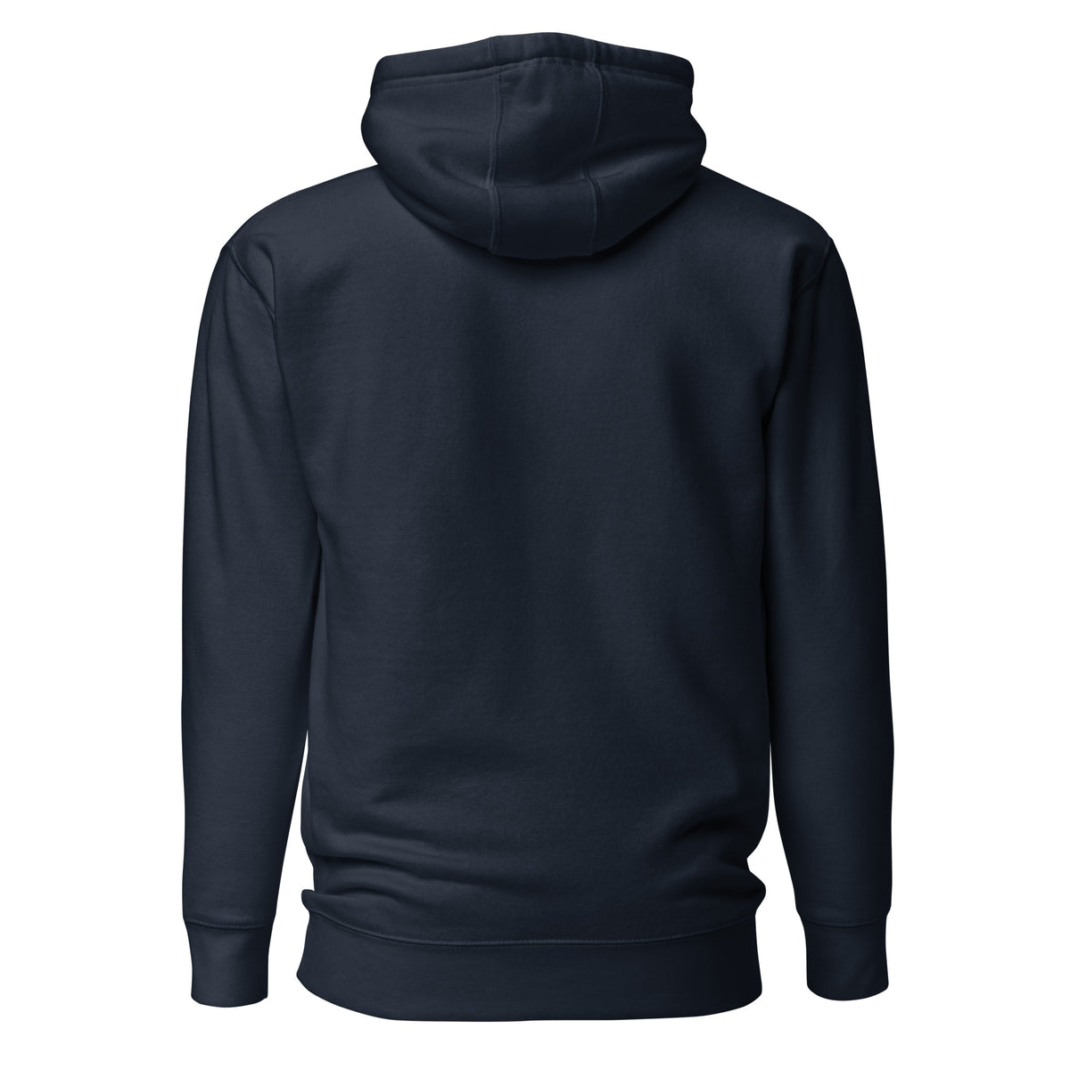 Plain back of navy hoodie.