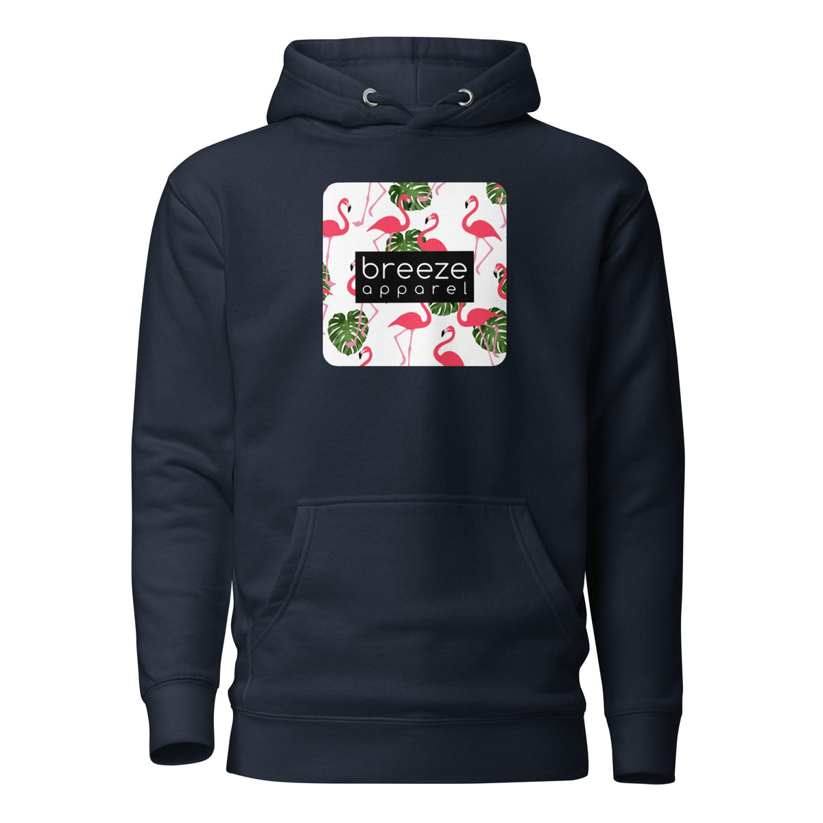 Navy hoodie with graphic of flamingos and green palm leaves set on a white background and overlaid with a black, rectangular logo.