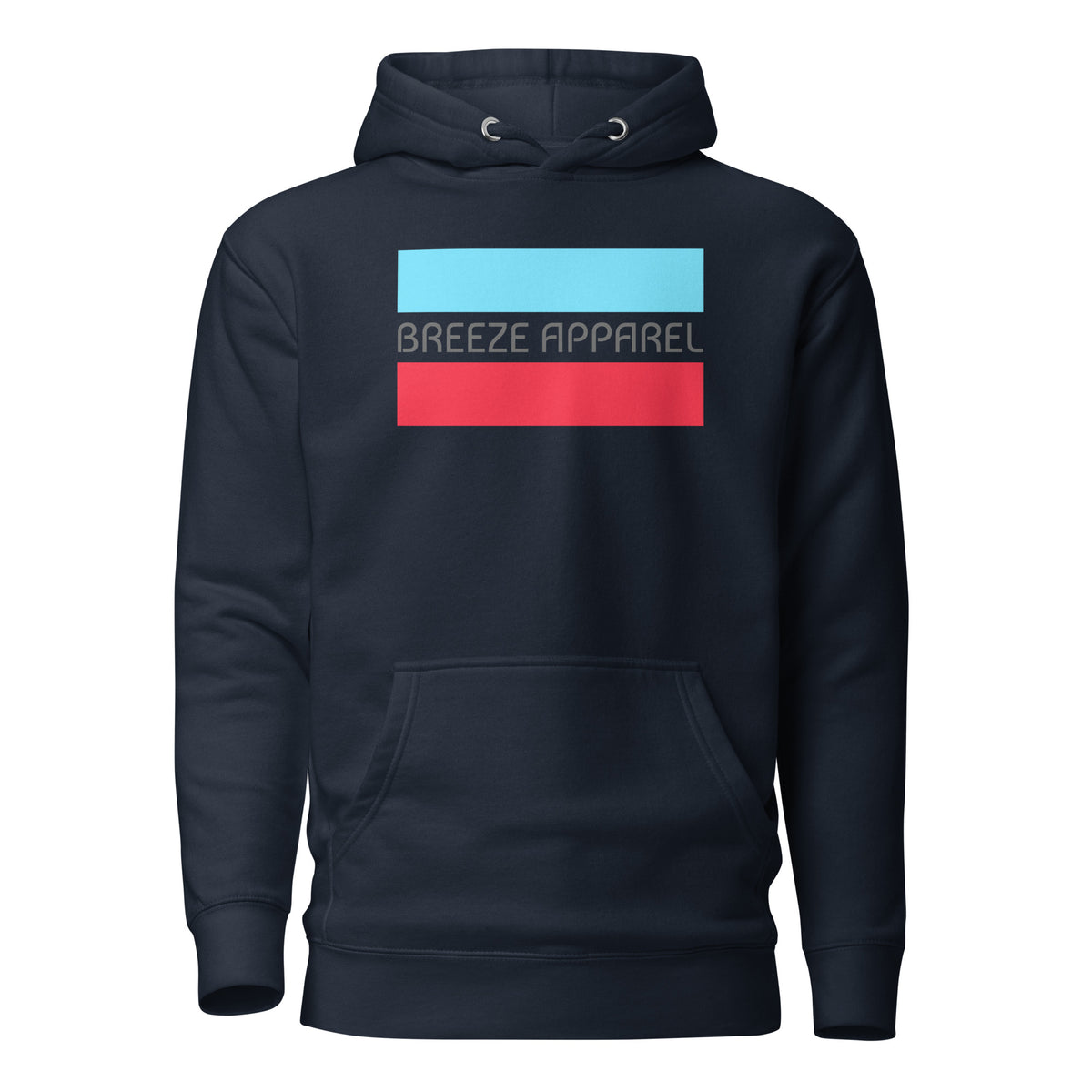Navy hoodie with graphic of gray lettering between horizontal light-blue and red lines.