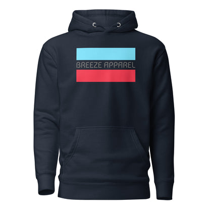 Navy hoodie with graphic of gray lettering between horizontal light-blue and red lines.