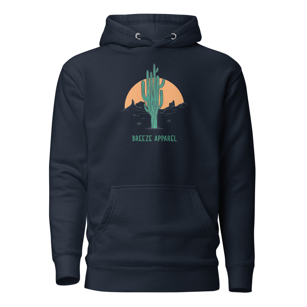 Navy hoodie with graphic of cactus and sunset.