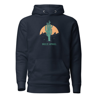 Navy hoodie with graphic of cactus and sunset.