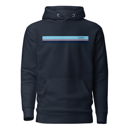Navy hoodie with light-blue, red, white, and navy stripe across chest.